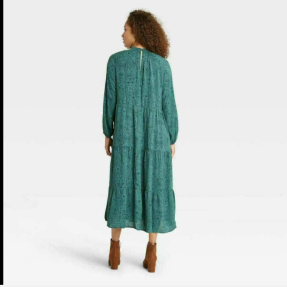 A NEW DAY Dress Printed Floral Boho Green Long Sleeve Tiered Womens - Picture 2 of 8